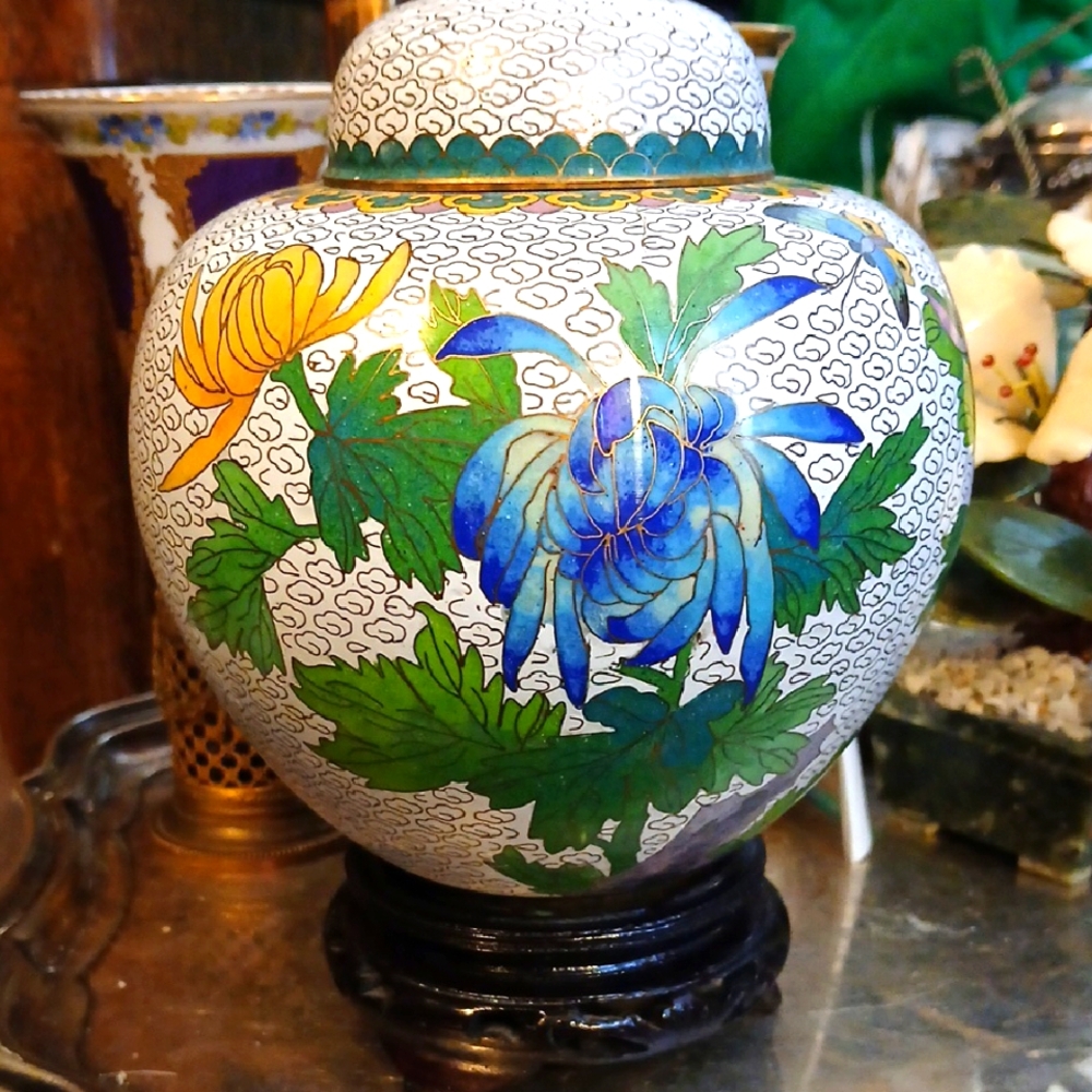 Floral Cloisonné Ginger Jar with Blue and Green Accents